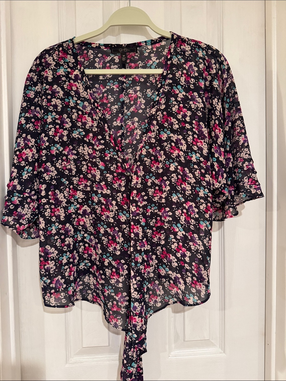 Jessica Simpson Black Floral Tie-Front Blouse with Pink and Teal Accents